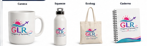 Kit de brindes da GLR: caneca, squeeze, ecobag e caderno