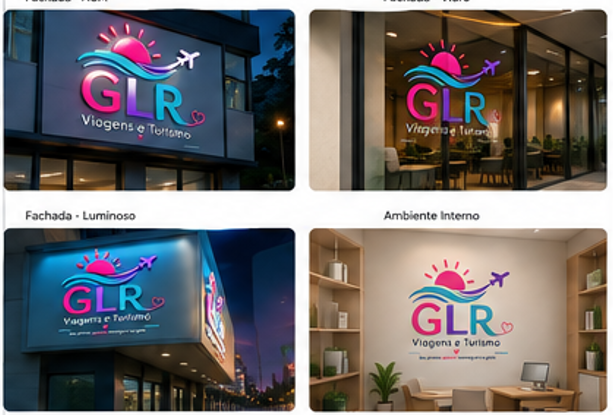 Aplicações da logo GLR em fachadas e ambiente interno